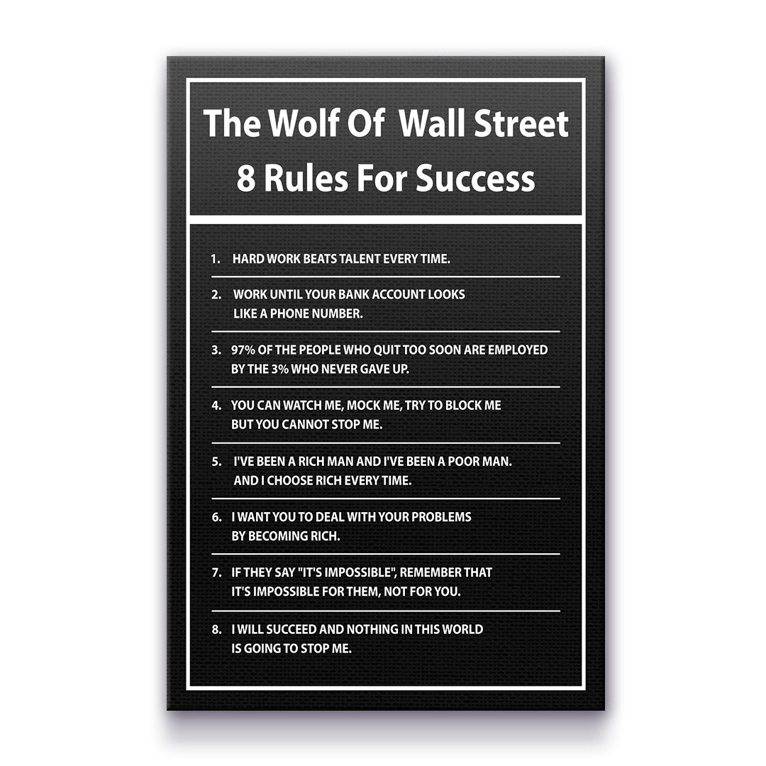 "The Wolf of Wall Street" 8 Rules For Success Motivational Canvas Print - Iconic Movie Entrepreneur Inspirational Wall Art Poster, Jordan Belfort Decor for Home Office Gym Dorm Man Cave