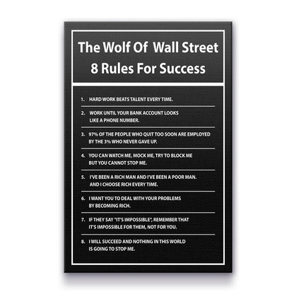 "The Wolf of Wall Street" 8 Rules For Success Motivational Canvas Print - Iconic Movie Entrepreneur Inspirational Wall Art Poster, Jordan Belfort Decor for Home Office Gym Dorm Man Cave