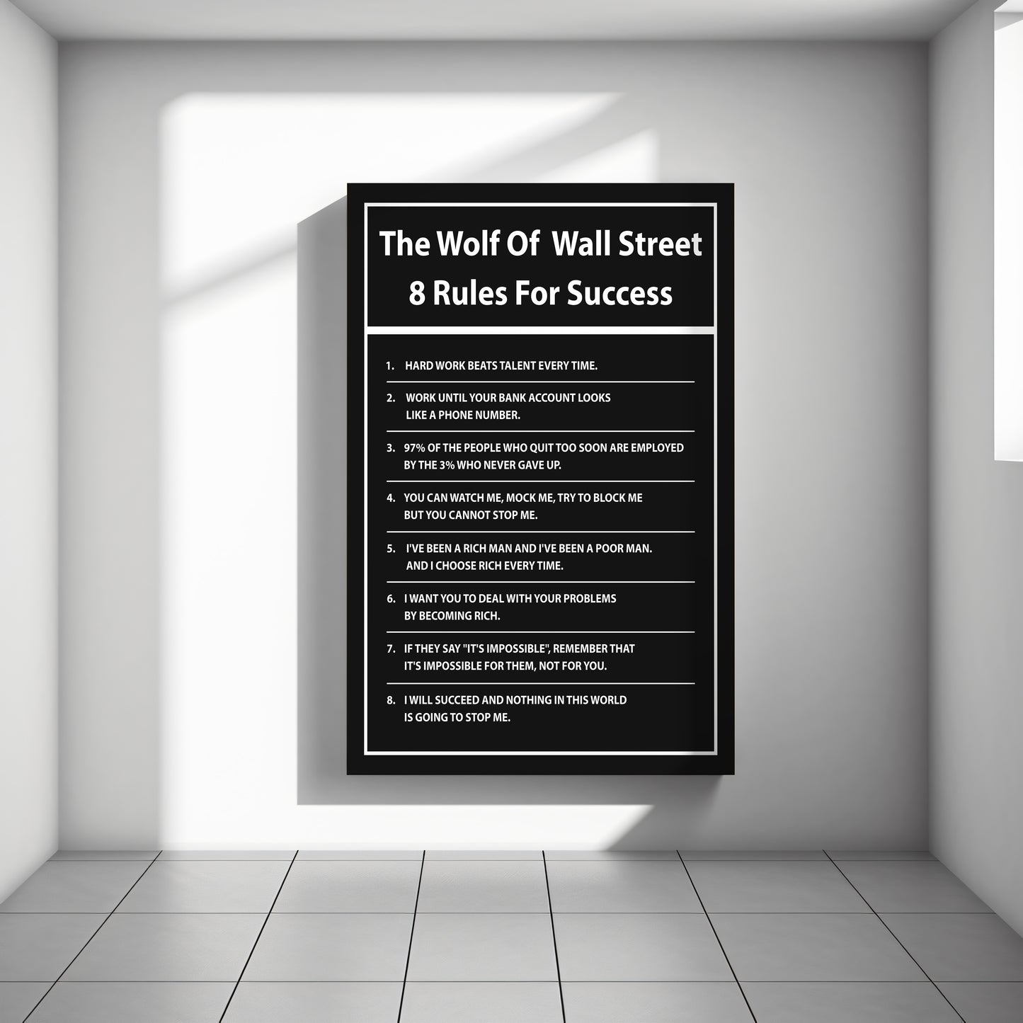 "The Wolf of Wall Street" 8 Rules For Success Motivational Canvas Print - Iconic Movie Entrepreneur Inspirational Wall Art Poster, Jordan Belfort Decor for Home Office Gym Dorm Man Cave
