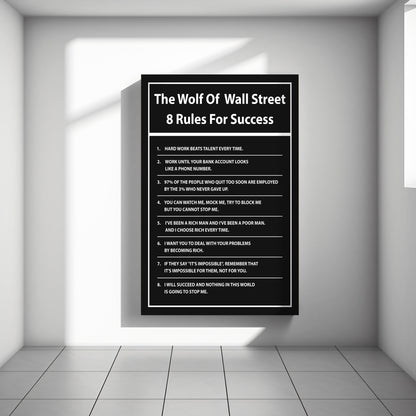 "The Wolf of Wall Street" 8 Rules For Success Motivational Canvas Print - Iconic Movie Entrepreneur Inspirational Wall Art Poster, Jordan Belfort Decor for Home Office Gym Dorm Man Cave