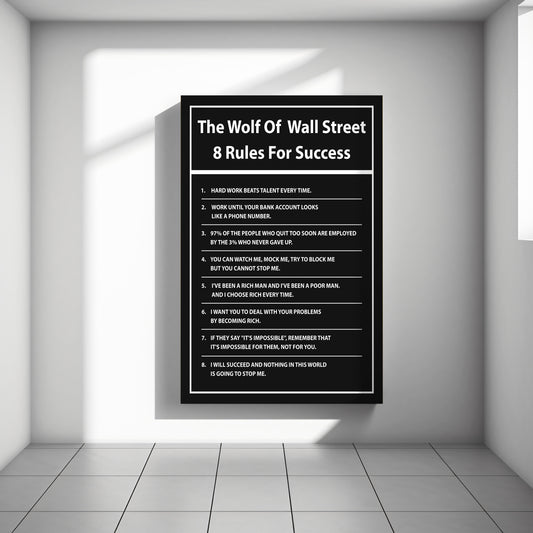 "The Wolf of Wall Street" 8 Rules For Success Motivational Canvas Print - Iconic Movie Entrepreneur Inspirational Wall Art Poster, Jordan Belfort Decor for Home Office Gym Dorm Man Cave