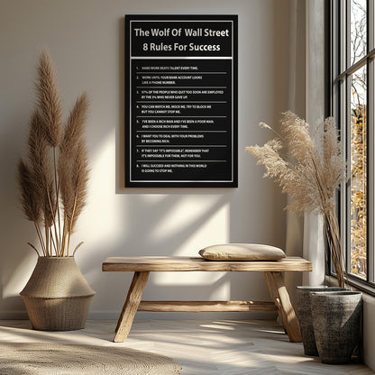 "The Wolf of Wall Street" 8 Rules For Success Motivational Canvas Print - Iconic Movie Entrepreneur Inspirational Wall Art Poster, Jordan Belfort Decor for Home Office Gym Dorm Man Cave