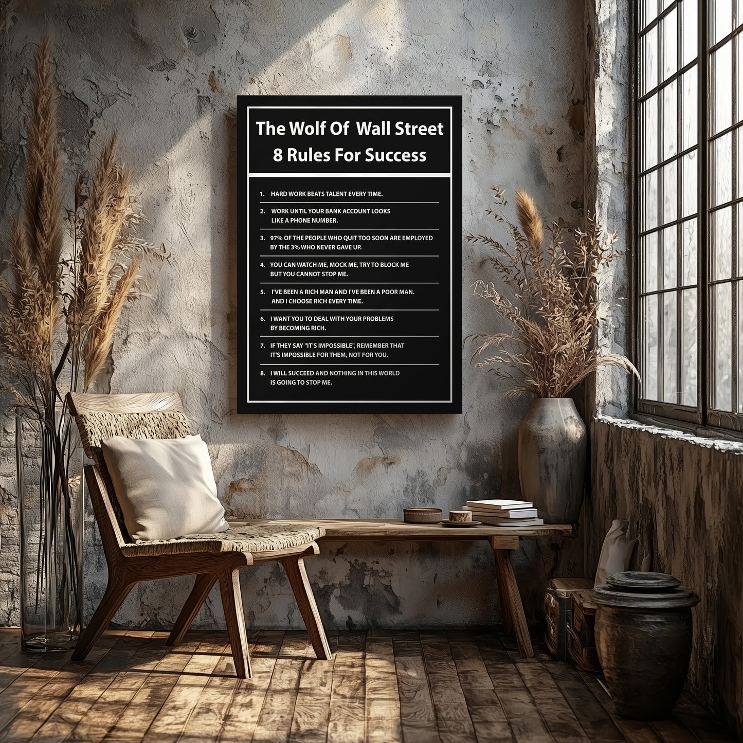 "The Wolf of Wall Street" 8 Rules For Success Motivational Canvas Print - Iconic Movie Entrepreneur Inspirational Wall Art Poster, Jordan Belfort Decor for Home Office Gym Dorm Man Cave