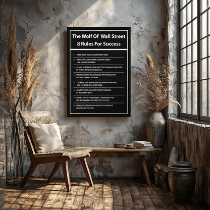 "The Wolf of Wall Street" 8 Rules For Success Motivational Canvas Print - Iconic Movie Entrepreneur Inspirational Wall Art Poster, Jordan Belfort Decor for Home Office Gym Dorm Man Cave