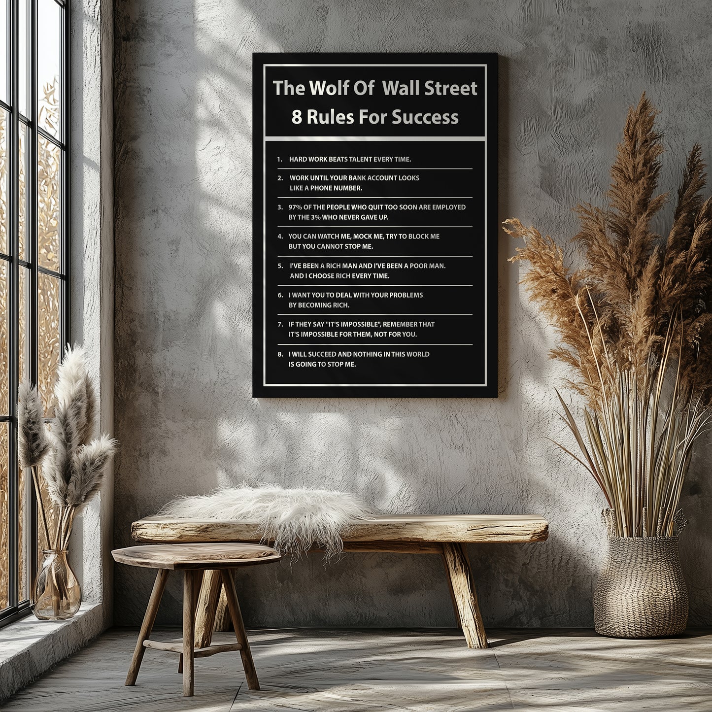 "The Wolf of Wall Street" 8 Rules For Success Motivational Canvas Print - Iconic Movie Entrepreneur Inspirational Wall Art Poster, Jordan Belfort Decor for Home Office Gym Dorm Man Cave
