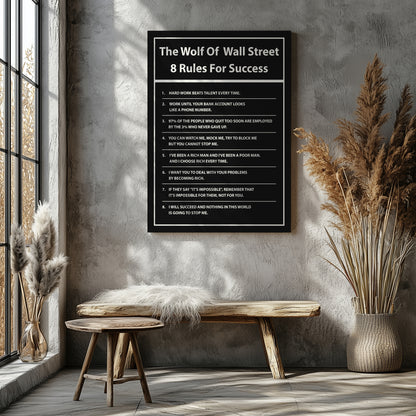 "The Wolf of Wall Street" 8 Rules For Success Motivational Canvas Print - Iconic Movie Entrepreneur Inspirational Wall Art Poster, Jordan Belfort Decor for Home Office Gym Dorm Man Cave
