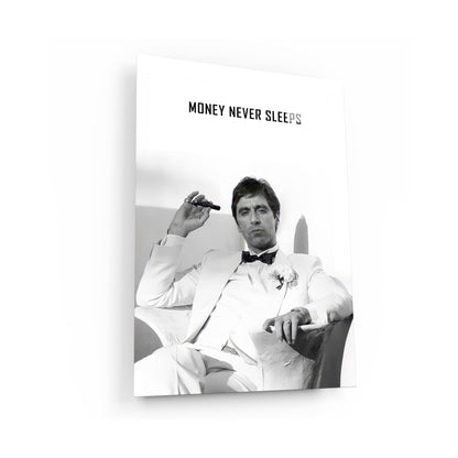 "Money Never Sleeps" Tony Montana Scarface Motivational Poster - Inspirational Gangster Canvas Acrylic Wall Art Print, Al Pacino Movie Decor for Home Office Gym Dorm