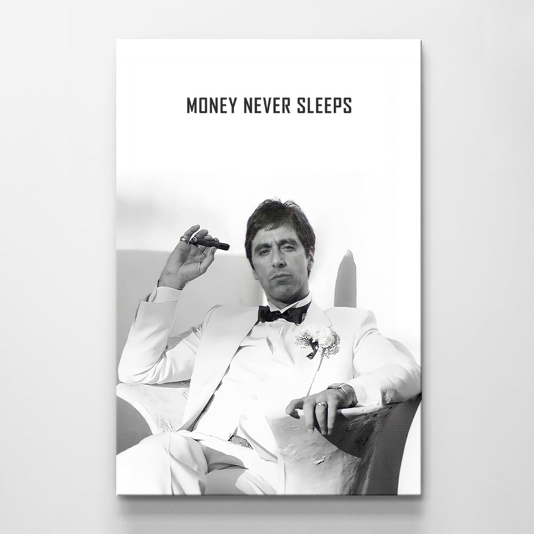 "Money Never Sleeps" Tony Montana Scarface Motivational Poster - Inspirational Gangster Canvas Acrylic Wall Art Print, Al Pacino Movie Decor for Home Office Gym Dorm