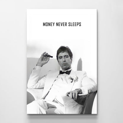 "Money Never Sleeps" Tony Montana Scarface Motivational Poster - Inspirational Gangster Canvas Acrylic Wall Art Print, Al Pacino Movie Decor for Home Office Gym Dorm