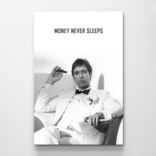 "Money Never Sleeps" Tony Montana Scarface Motivational Poster - Inspirational Gangster Canvas Acrylic Wall Art Print, Al Pacino Movie Decor for Home Office Gym Dorm