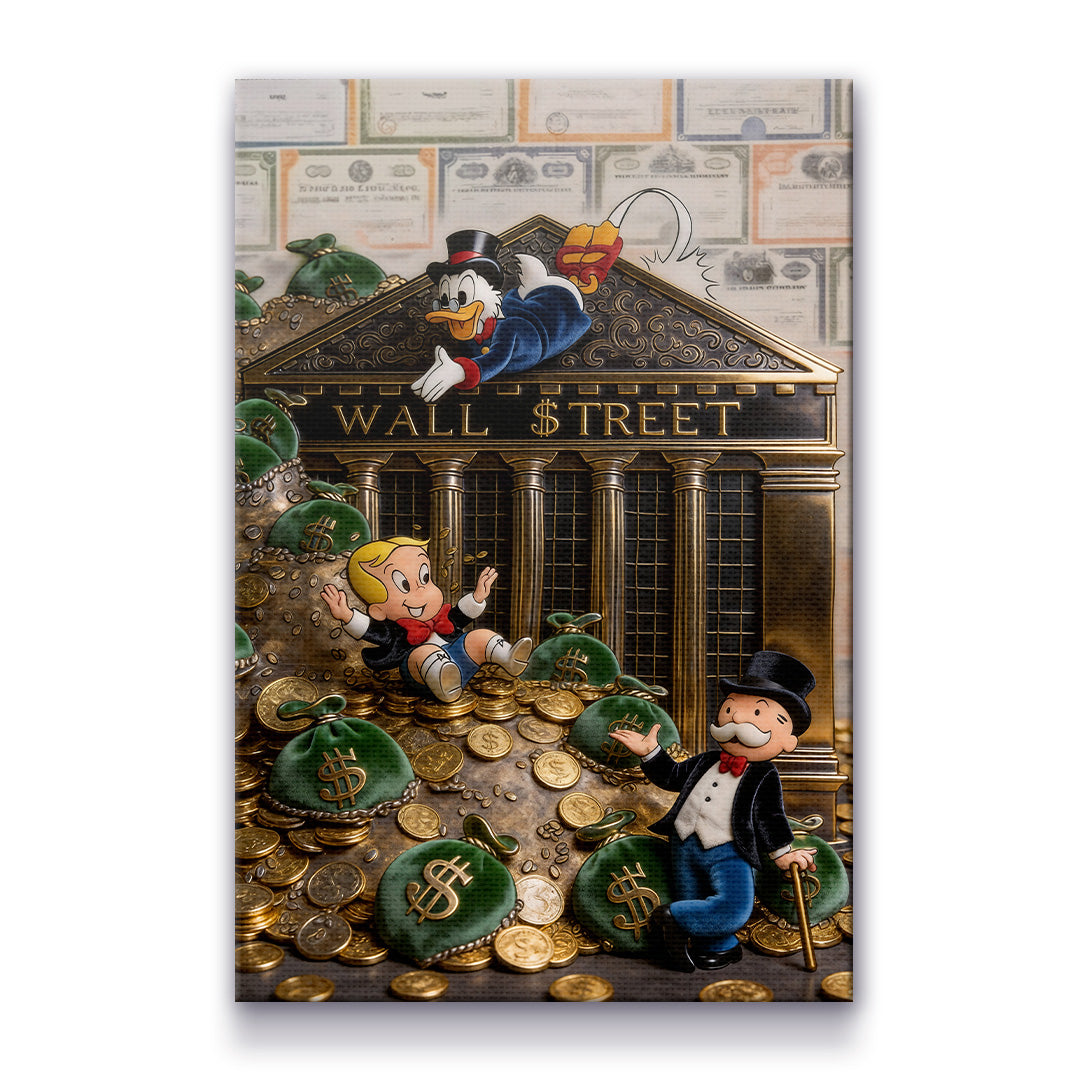 MONOPOLY LUXURY MONEY FALL CANVAS WALL ART – Gold Dollar Pop Art Print, Scrooge McDuck Wealth Artwork, Modern Wall Street Money Decor for Office, Living Room & Executive Home, High Gloss Canvas