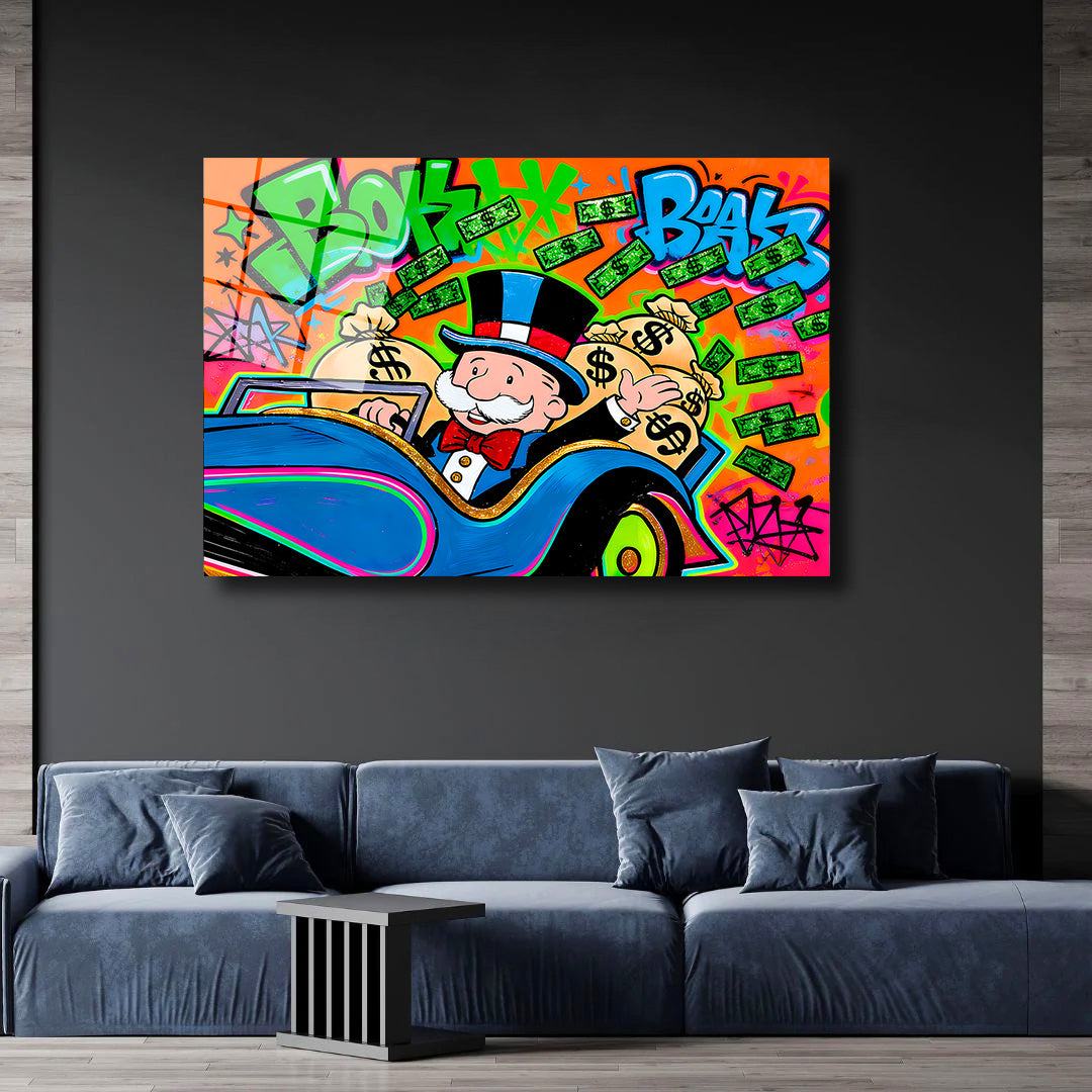 Alec Monopoly Street Canvas Graffiti Money Blue Car Wall Art Luxury Money Wall Art Canvas Wealth & Success Artwork  Modern Office Decor