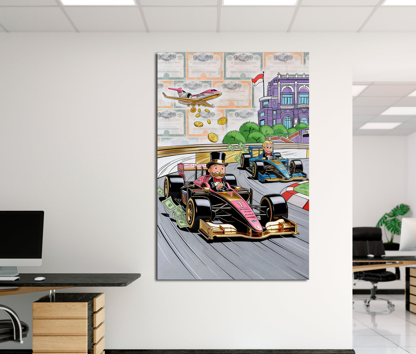 Alec Monopoly Luxury Racing Acrylic Wall Art Modern Money Print Supercar Racing Artwork High Gloss Acrylic Canvas Office Wall Decor