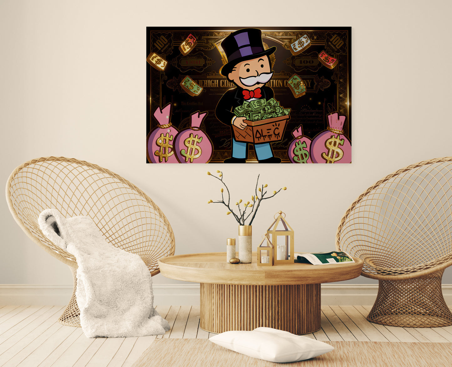 Alec Monopoly Street Canvas Graffiti Money Bag Car Wall Art Luxury Money Wall Art Canvas Wealth & Success Artwork Modern Office Decor