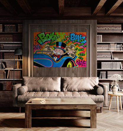 Alec Monopoly Street Canvas Graffiti Money Blue Car Wall Art Luxury Money Wall Art Canvas Wealth & Success Artwork  Modern Office Decor