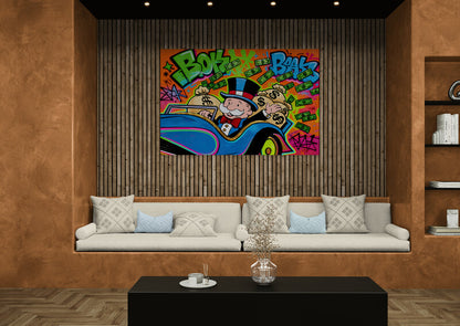 Alec Monopoly Street Canvas Graffiti Money Blue Car Wall Art Luxury Money Wall Art Canvas Wealth & Success Artwork  Modern Office Decor