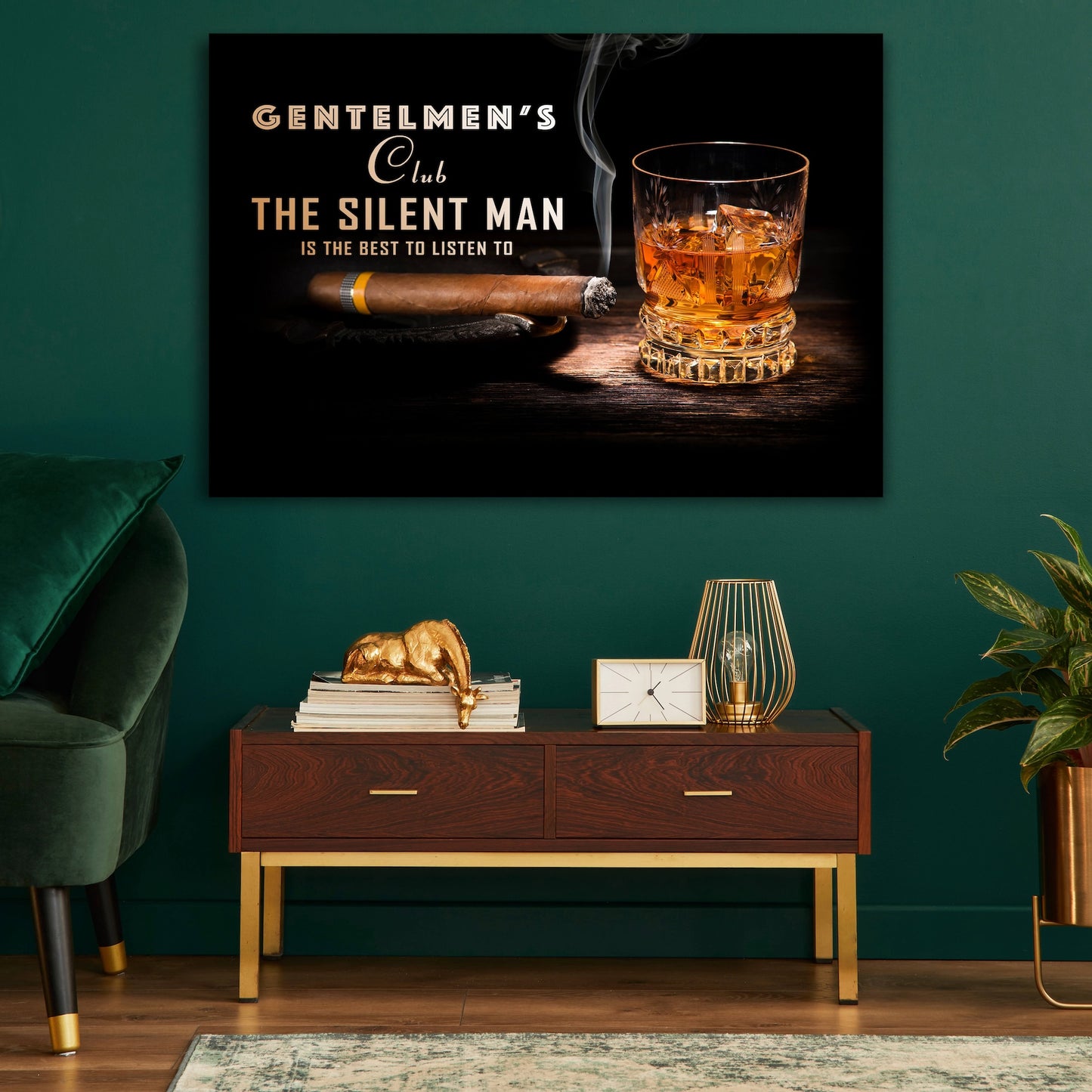 Whiskey CIGAR  Canvas Print, Gentlemen's Club, Alcohol Wall Art, Real Man Gift for him, The Silent Man Is The Best To Listen To, bar poster