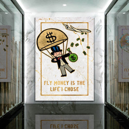 Limited Edition Alec Monopoly Canvas - Gold Fly Money Life Motivational Wall Art for Luxury Office Decor