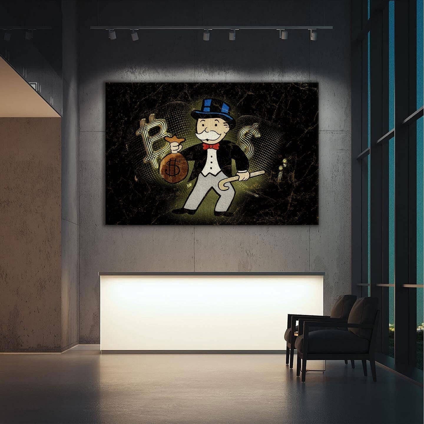 Luxury Alec Monopoly Wall Art - US Dollar vs Bitcoin Pop Print on Canvas with Gold 100 Bill LV Sign and Uncle Sam