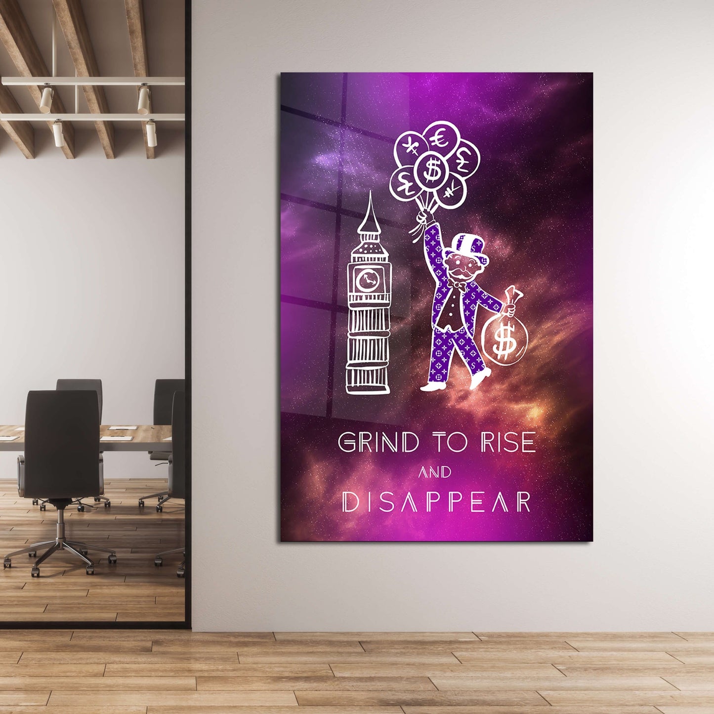 ALEC MONOPOLY Wall Art with Grind to Rise and Disappear Motivational Quote Canvas - Purple Office Decor for Entrepreneurs