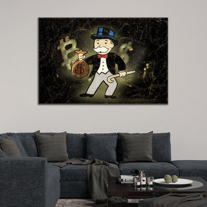 Luxury Alec Monopoly Wall Art - US Dollar vs Bitcoin Pop Print on Canvas with Gold 100 Bill LV Sign and Uncle Sam