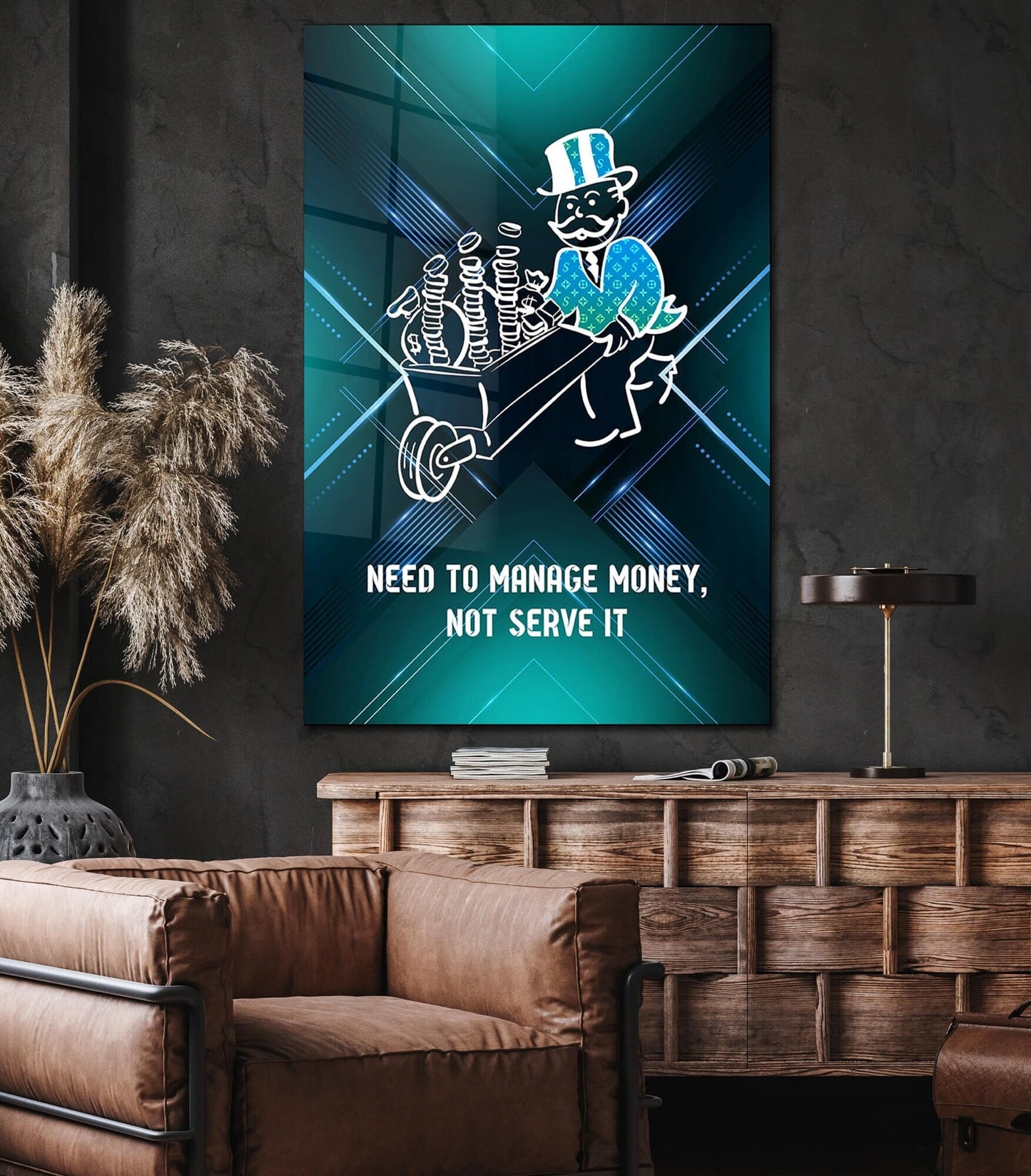 ALEC MONOPOLY Wall Art Manage Money Hustle  Grind with Inspirational Canvas - Office Pop Art featuring Entrepreneur Quotes  Green