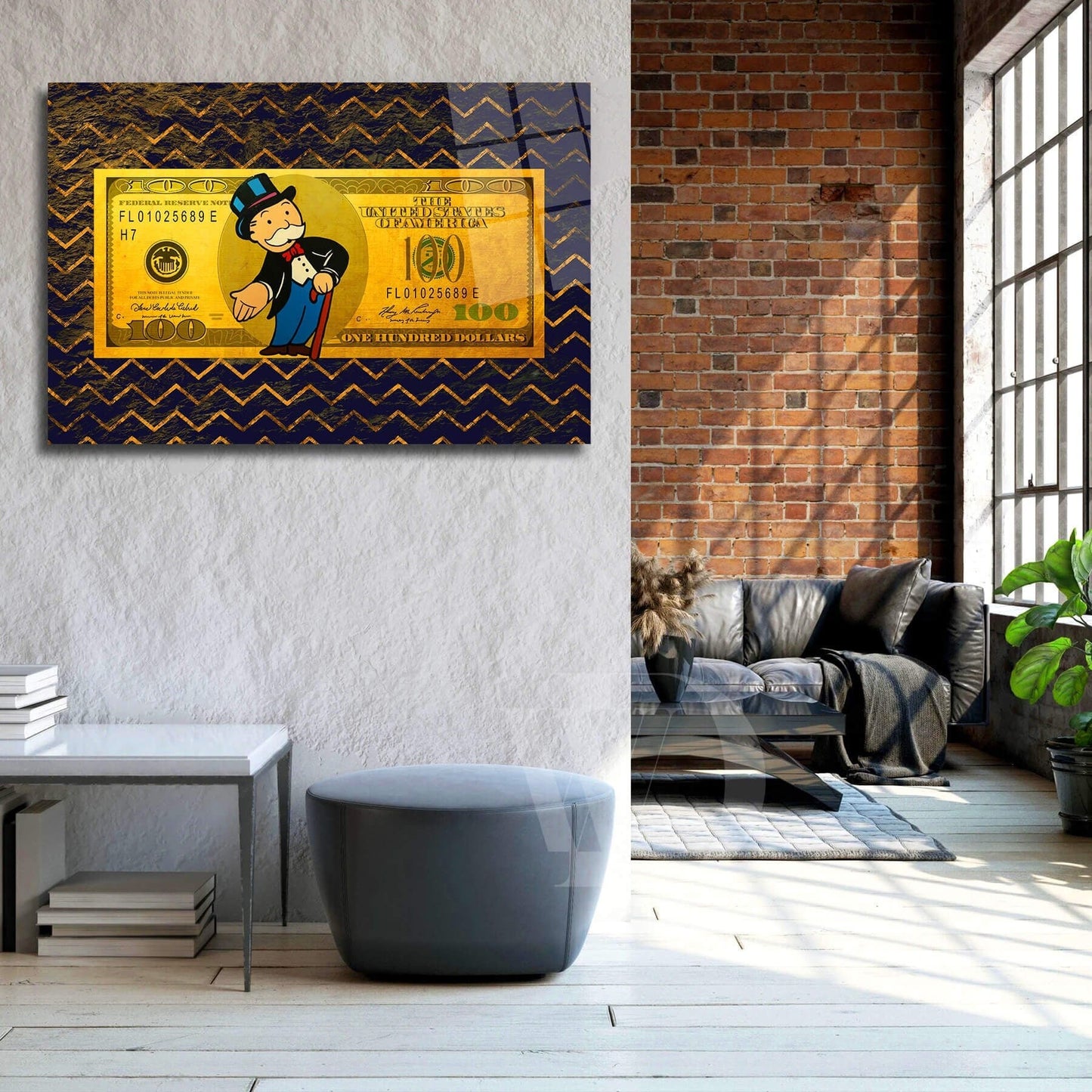 Alec Monopoly 100 Dollar Bill Print - Premium Canvas Wall Art with Gold Accents and Uncle Sam Design -Home or Office Decor in Luxury Style