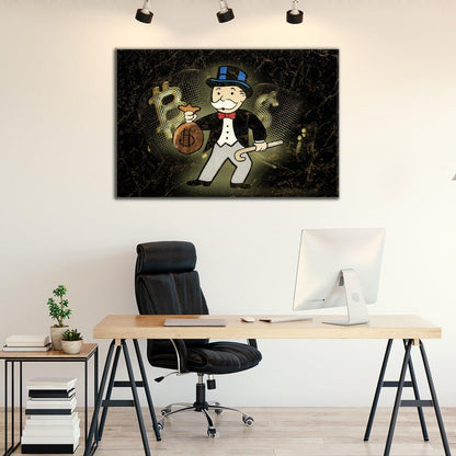 Luxury Alec Monopoly Wall Art - US Dollar vs Bitcoin Pop Print on Canvas with Gold 100 Bill LV Sign and Uncle Sam