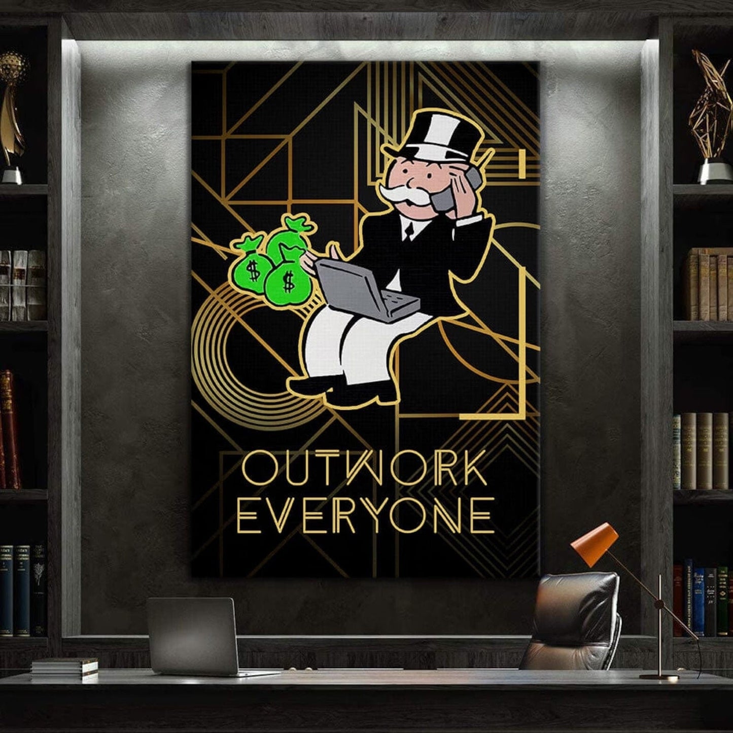 ALEC MONOPOLY Wall Art - Outwork Everyone Poster Hustle and Grind Print Never Give Up Canvas - Entrepreneur Motivational Pop Art for Office