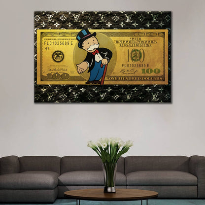 Elevate Your Space with Alec Monopoly LV US Dollar Pop Art Wall Decor - Gold Style Print on Luxury Canvas Featuring Uncle Sam