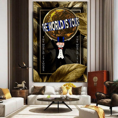 Alec Monopoly The World Is Yours Canvas Wall Art - Inspirational Motivational Print with Pop Uncle Sam and Gold Globe - Believe In Yourself