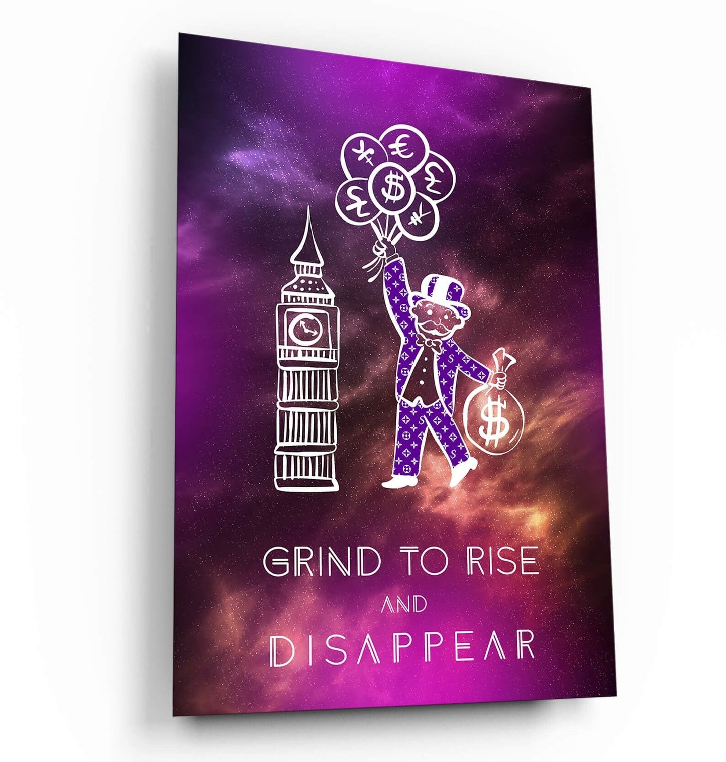 ALEC MONOPOLY Wall Art with Grind to Rise and Disappear Motivational Quote Canvas - Purple Office Decor for Entrepreneurs