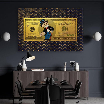 The Perfect Addition to Your Room Alec Monopolys Gold Style US Dollar Wall Art Print with Uncle Sam and 100 Bill Design