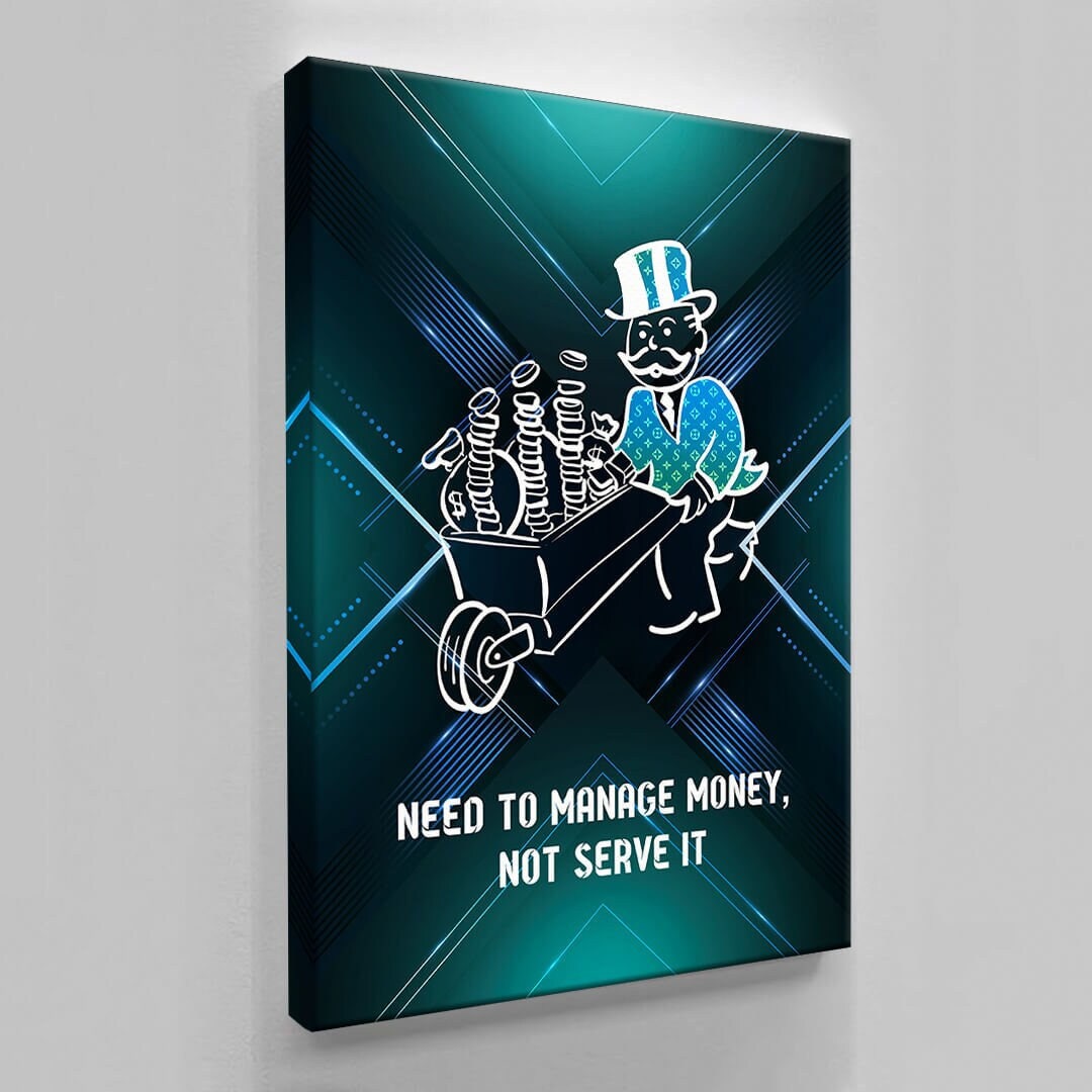 ALEC MONOPOLY Wall Art Manage Money Hustle  Grind with Inspirational Canvas - Office Pop Art featuring Entrepreneur Quotes  Green