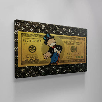 Elevate Your Space with Alec Monopoly LV US Dollar Pop Art Wall Decor - Gold Style Print on Luxury Canvas Featuring Uncle Sam