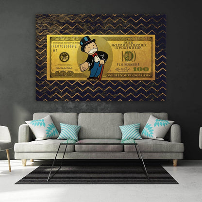 The Perfect Addition to Your Room Alec Monopolys Gold Style US Dollar Wall Art Print with Uncle Sam and 100 Bill Design