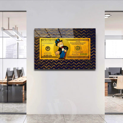 Alec Monopoly 100 Dollar Bill Print - Premium Canvas Wall Art with Gold Accents and Uncle Sam Design -Home or Office Decor in Luxury Style