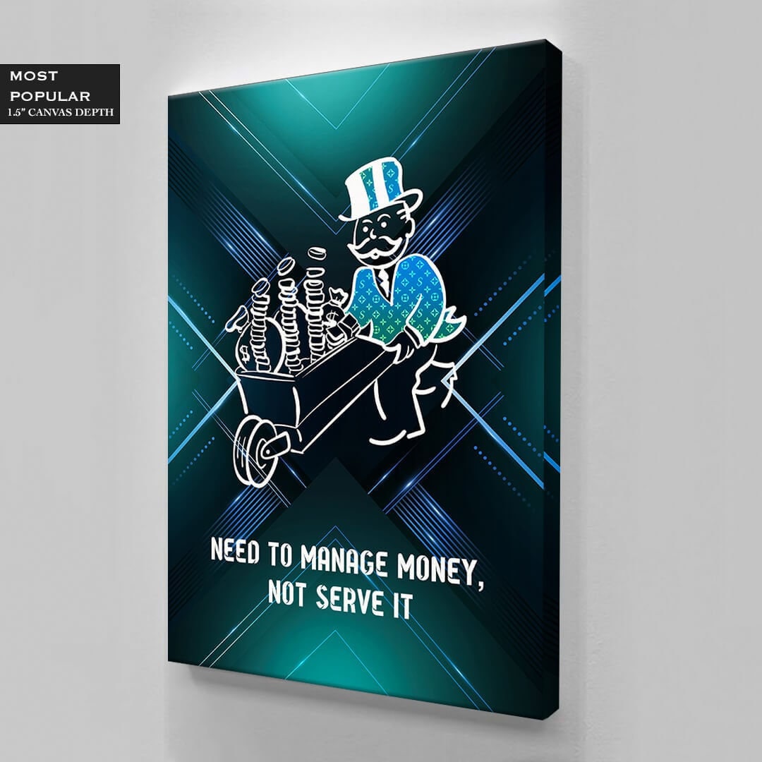 ALEC MONOPOLY Wall Art Manage Money Hustle  Grind with Inspirational Canvas - Office Pop Art featuring Entrepreneur Quotes  Green