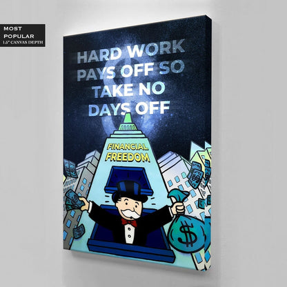 ALEC MONOPOLY Blue Canvas Hard Work Pays Off for Financial Freedom with Monopoly Man Art and Hustle and Grind Poster