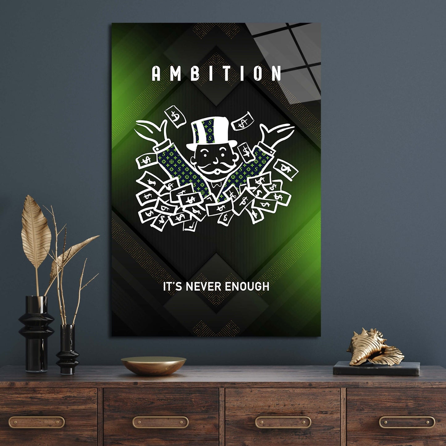 ALEC MONOPOLY Entrepreneurs Canvas Art - Green Money and Motivational Quote Design Ambition Never Enough USA Made