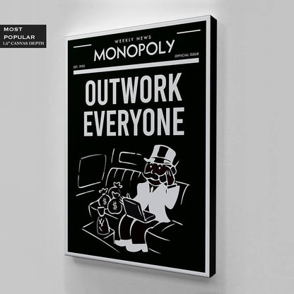 OUTWORK EVERYONE Alec Monopoly Wall Art - Motivational Inspirational Black and White Uncle Sam Office Canvas for Entrepreneur Print