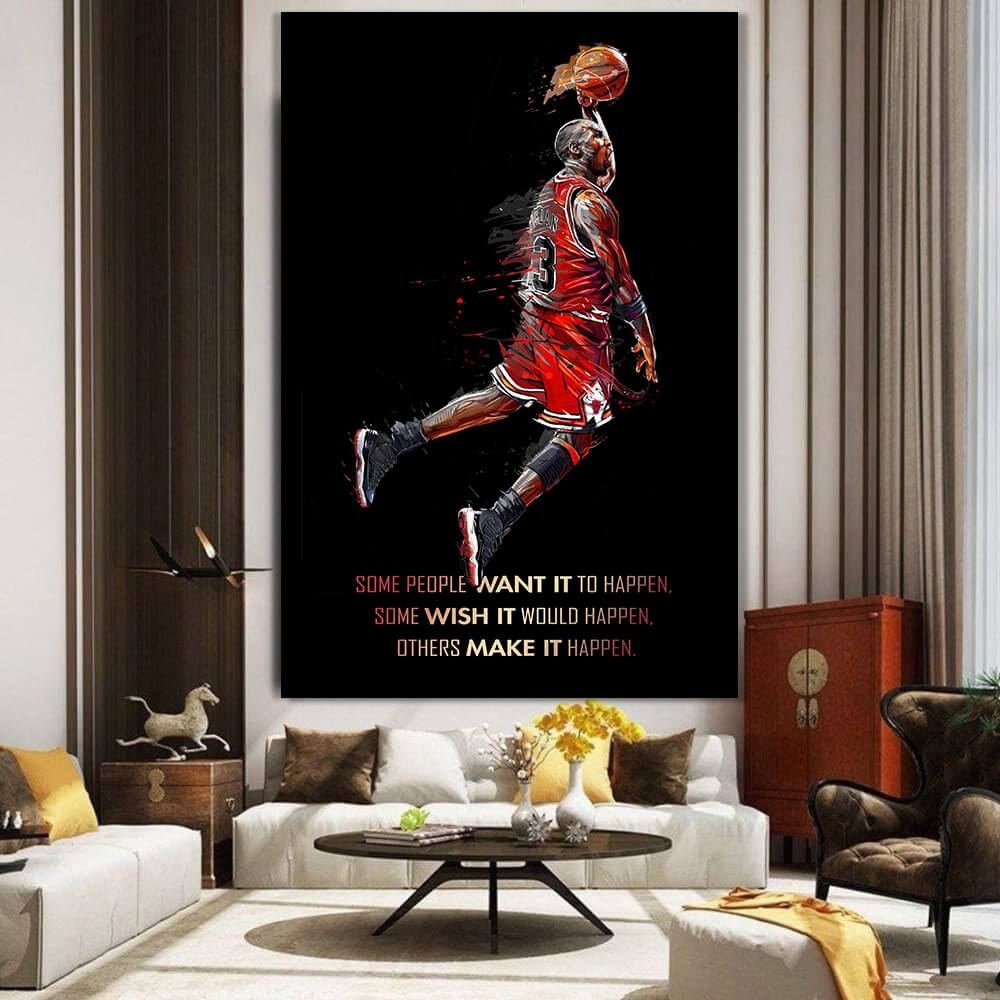 Make It Happen Michael Jordan Basketball Ball Wall Art, Jordan 23 Chicago Bulls Poster, Wall Art, Mike Basketball Goat Canvas