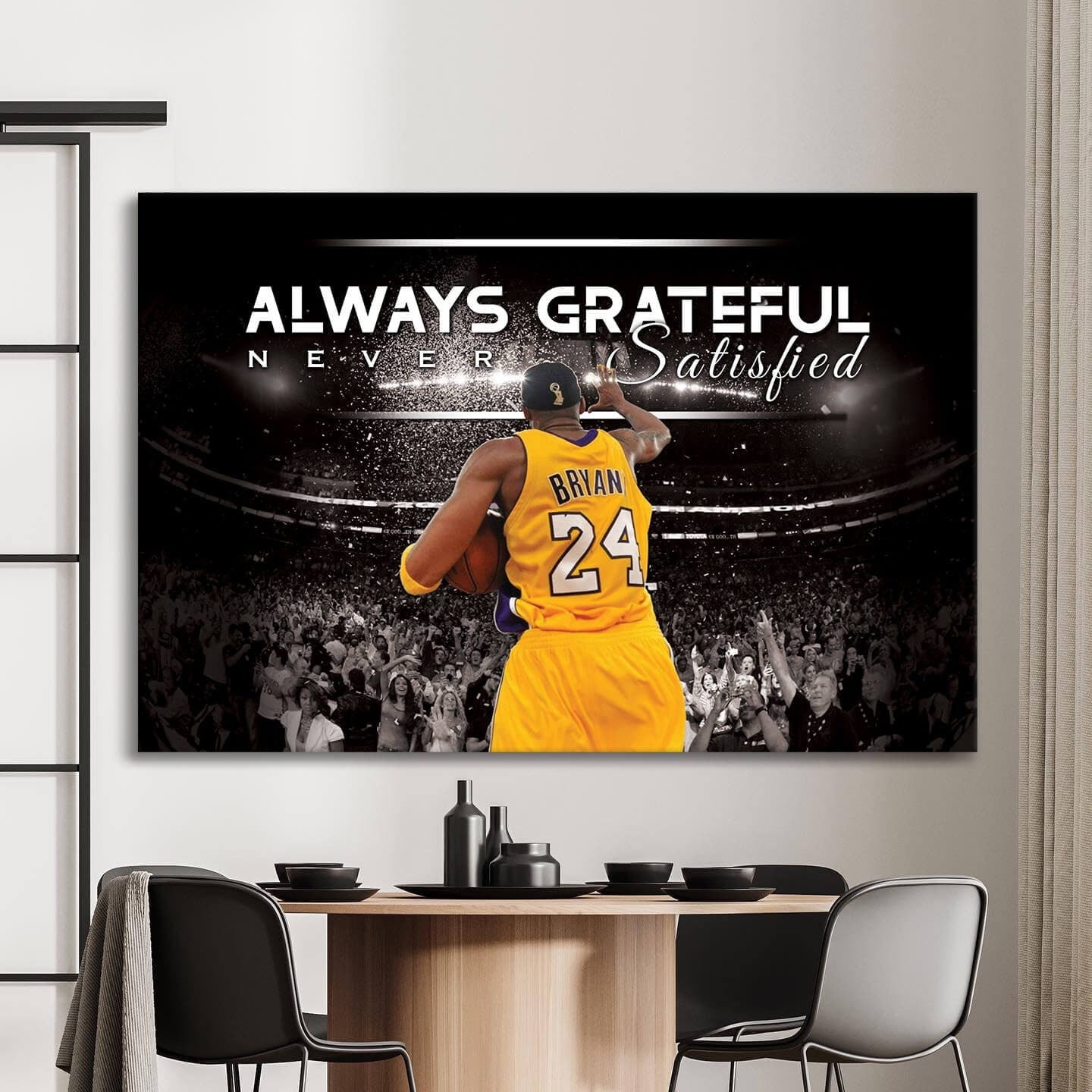 LeBron James Record Breaking Shot Poster - Always Grateful Never Satisfied - Lakers Canvas Wrap for Man Cave Kids Room Game Room or Bar