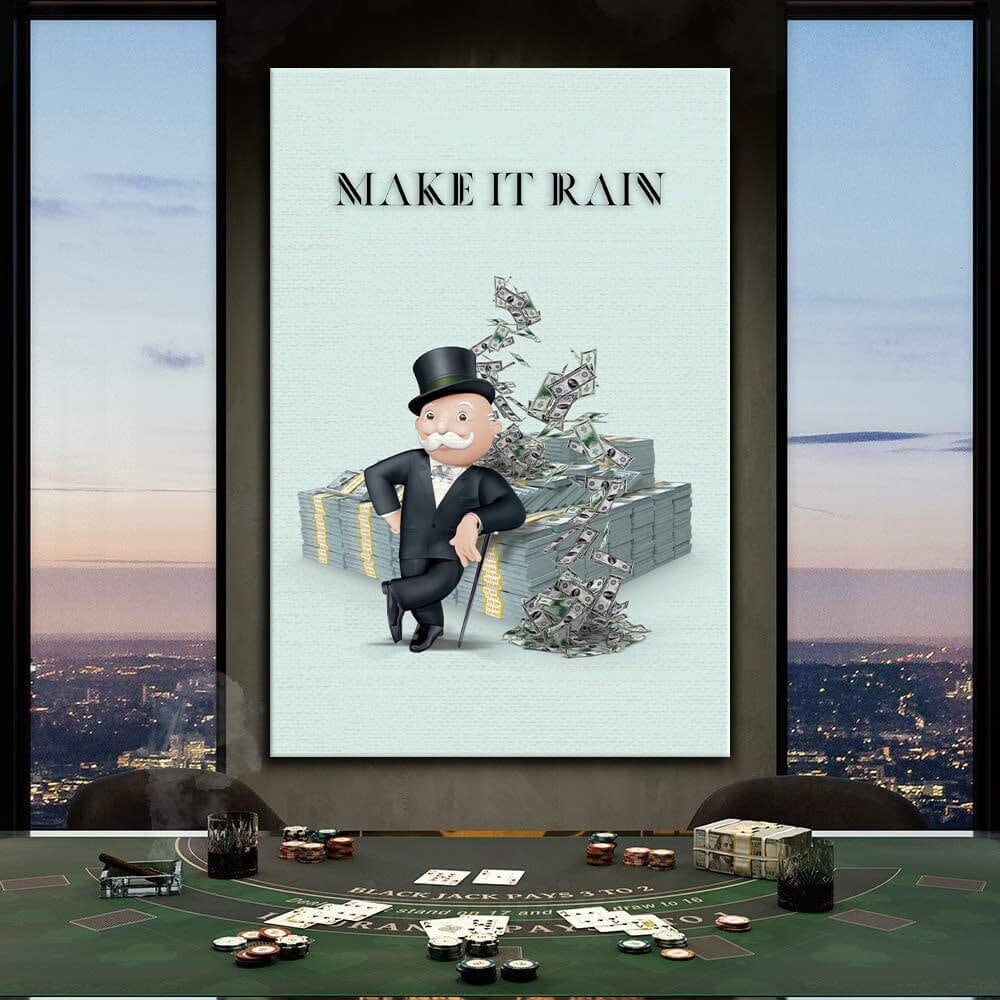 Alec Monopoly Canvas Make It Rain Money Art for Inspirational Living Rooms and Motivational Office Decor