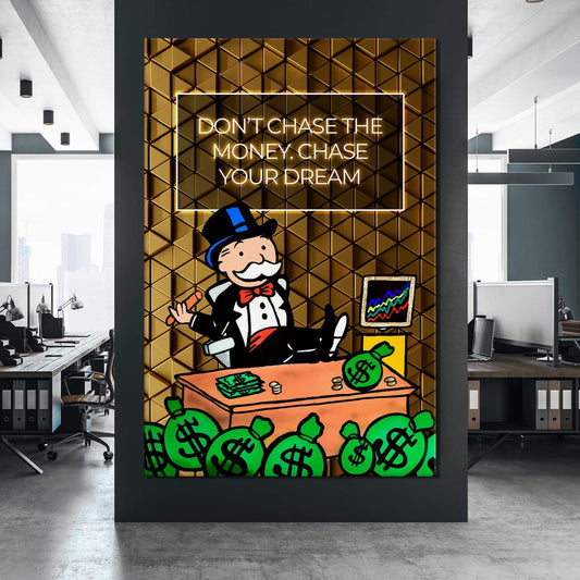 ALEC MONOPOLY Wall Art - Chase Your Dreams with this Motivational Canvas - Luxury Lifestyle in Gold Monopoly Man Pop Art