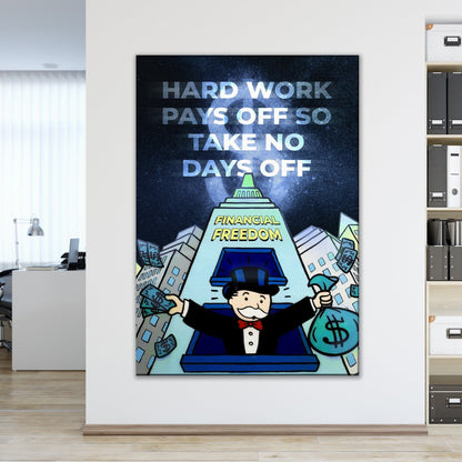 ALEC MONOPOLY Blue Canvas Hard Work Pays Off for Financial Freedom with Monopoly Man Art and Hustle and Grind Poster