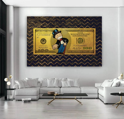 The Perfect Addition to Your Room Alec Monopolys Gold Style US Dollar Wall Art Print with Uncle Sam and 100 Bill Design