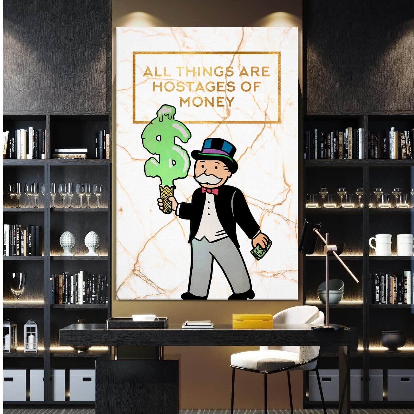 Alec Monopoly Canvas  Hostages Of Money Poster  Gold Office Art  Limited Edition Wall Art  Rich Luxury Motivation