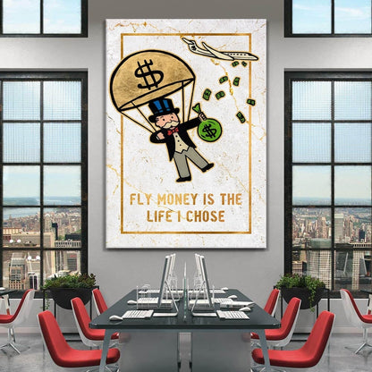 Limited Edition Alec Monopoly Canvas - Gold Fly Money Life Motivational Wall Art for Luxury Office Decor