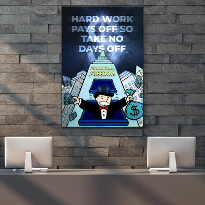 ALEC MONOPOLY Blue Canvas Hard Work Pays Off for Financial Freedom with Monopoly Man Art and Hustle and Grind Poster